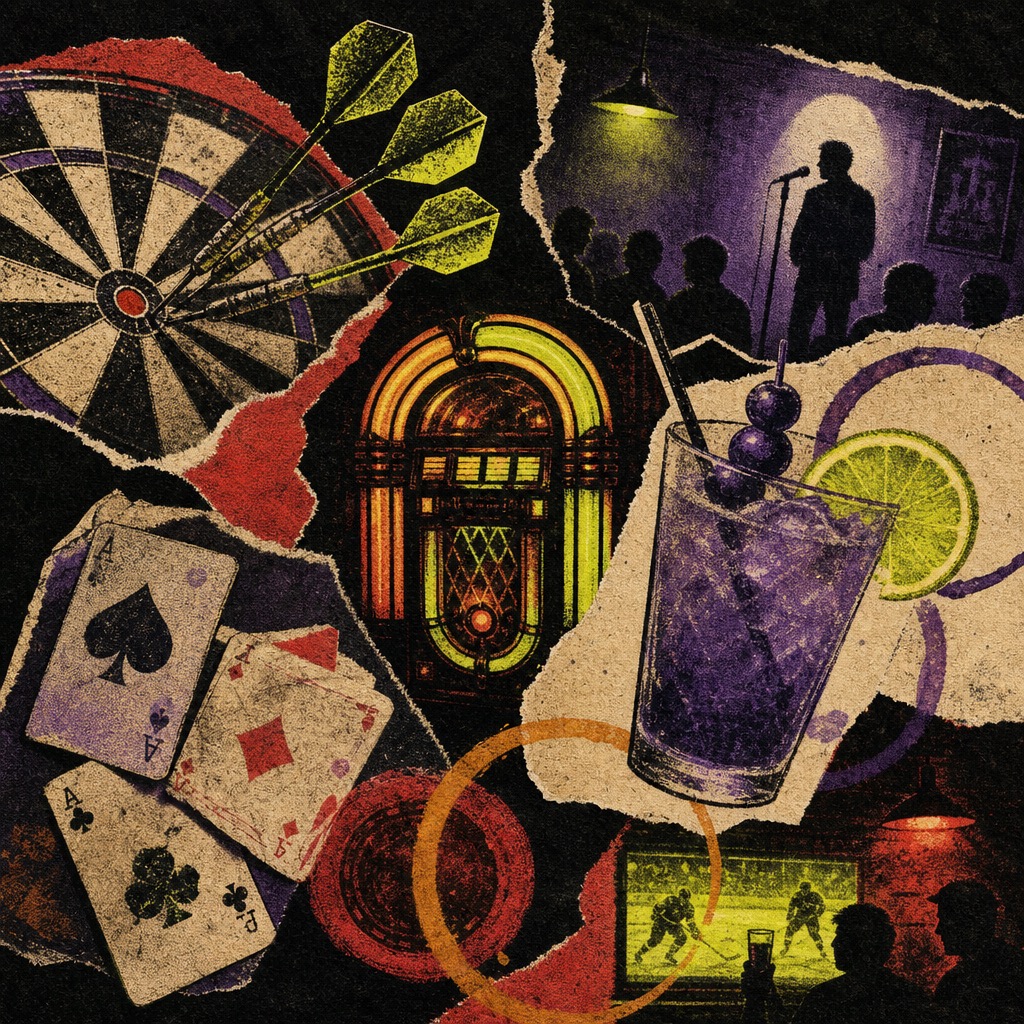 Original collage of darts, jukebox glow, cards, sports, and a purple cocktail