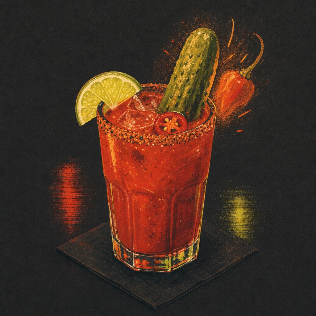 Original illustration of a spicy pickle Bloody Mary cocktail